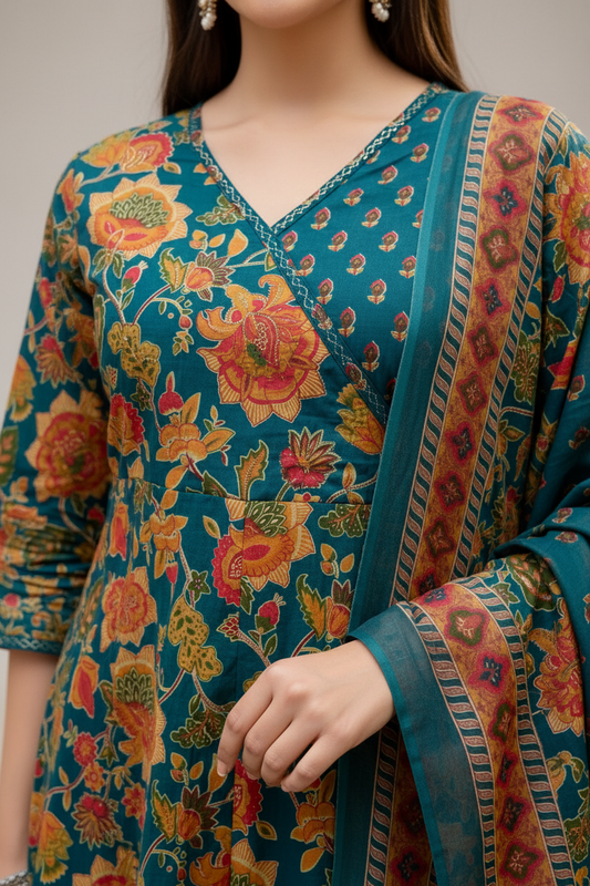 Teal Green Floral Printed Kurta Pant Set with Dupatta