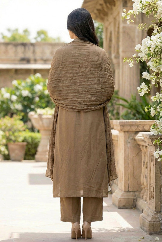 Brown Floral Embroidered Cotton Kurta Pant Set with Dupatta