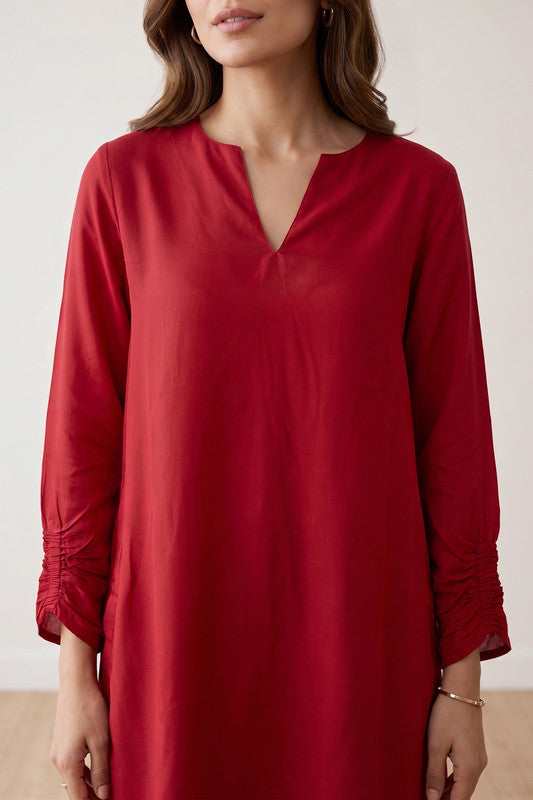 Red Urban Chic Solid Refined Silhouette Tunic & Trouser Russian Silk Co-ord Set