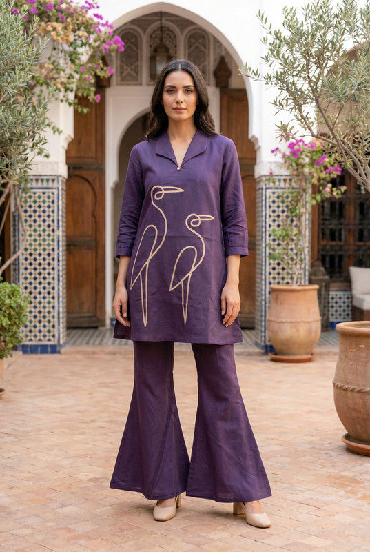 Purple Bird Motif Embroidered Cotton Co-ord Set