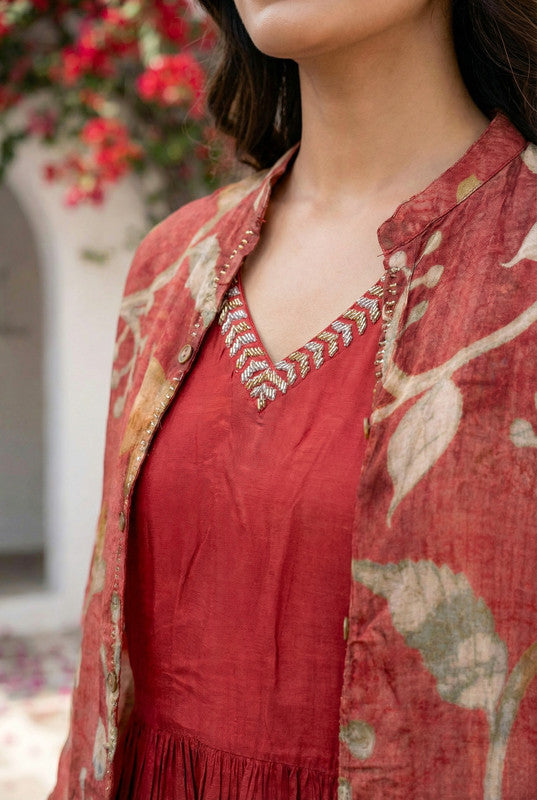 Maroon Flared Anarkali with Ethnic Printed Russian Silk Long Shrug Set