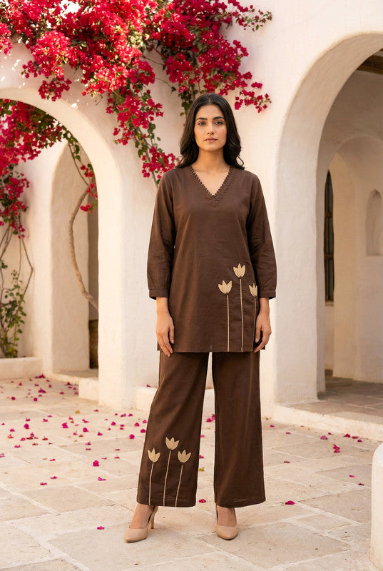 Brown Floral Embroidered Straight Cotton Co-ord Set