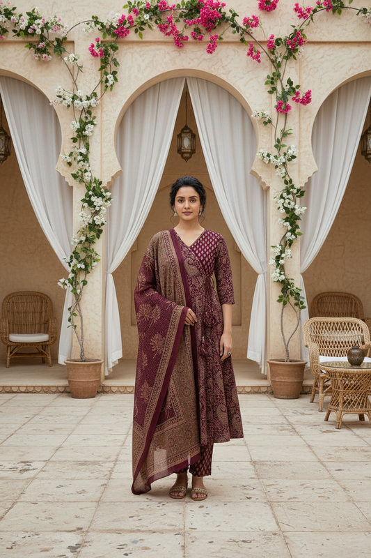 Royal Wine Ethnic Printed Kurta Pant Set