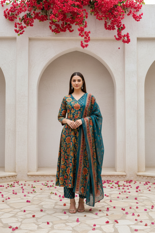 Teal Green Floral Printed Kurta Pant Set with Dupatta