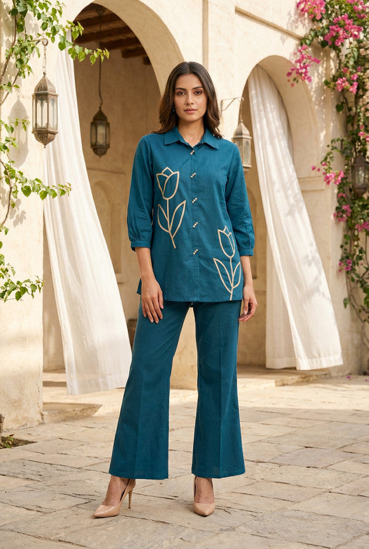 Teal Blue Floral Embroidered Shirt Style Cotton Co-ord Set