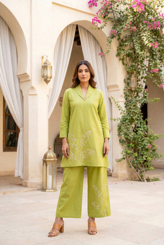 Lime Green Embroidered Straight Cotton Flex Co-ord Set