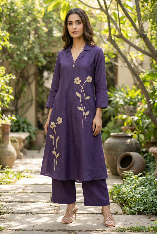 Plum Purple Floral Motif Embroidered Cotton Co-ord Set