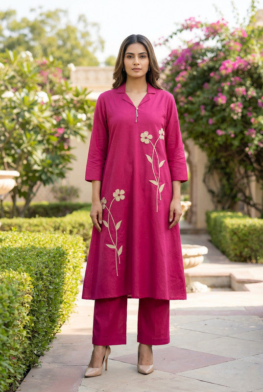 Dark Pink Floral Embroidered A-Line Cotton Co-ord Set