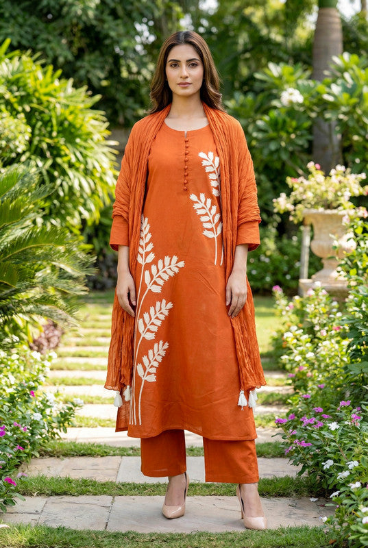 Orange Botanical Embroidered Straight Cotton Kurta Set with Dupatta