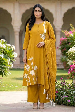 Yellow  Floral A-Line Embroidery Cotton Kurta Pant Set with Dupatta