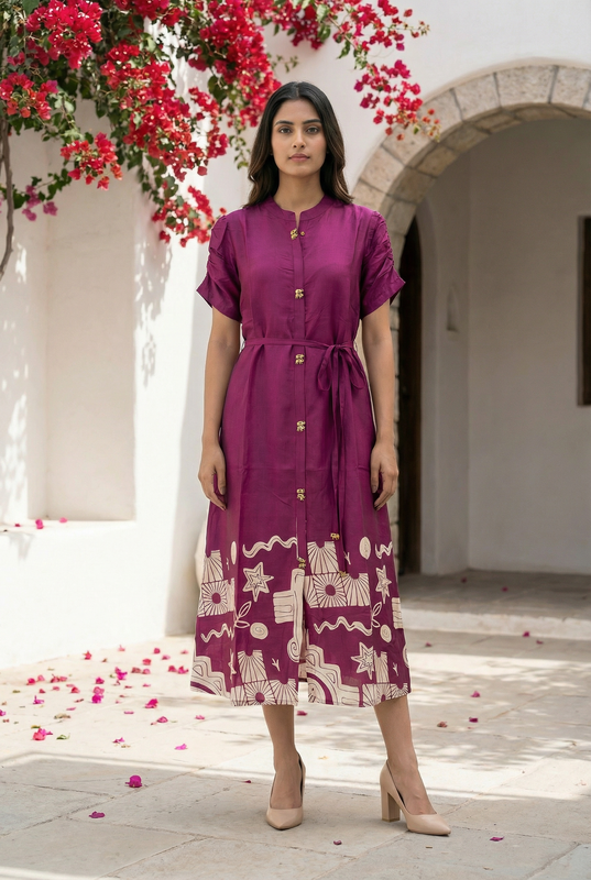 Printed Purple Russian Silk A-Line Dress with Front Buttons & Statement Print Border
