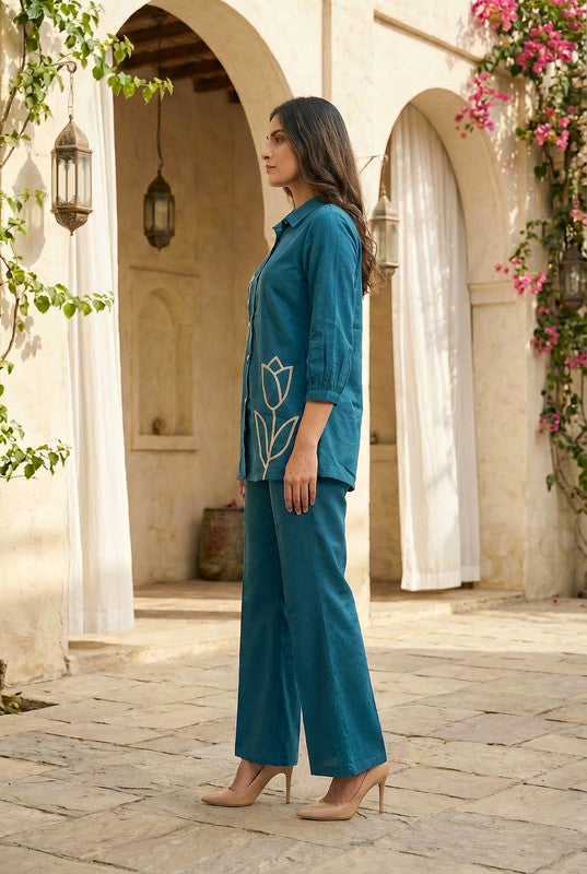 Teal Blue Floral Embroidered Shirt Style Cotton Co-ord Set
