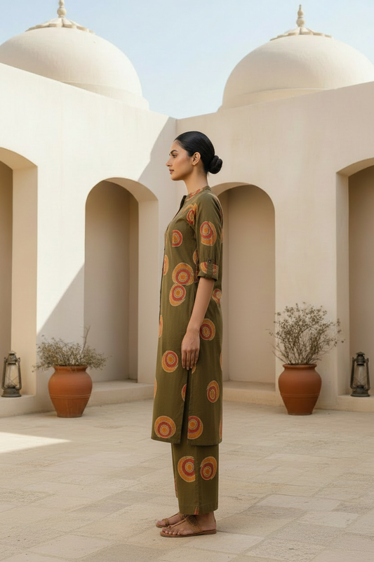 Abstract Print Mehndi Green Kurta Pant Set