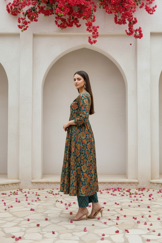 Teal Green Floral Printed Kurta Pant Set with Dupatta