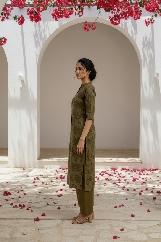 Olive Green Textured Button Kurta Pant Set