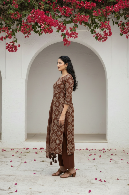 Rustic Brown Ethnic Motif Kurta Set with Dupatta
