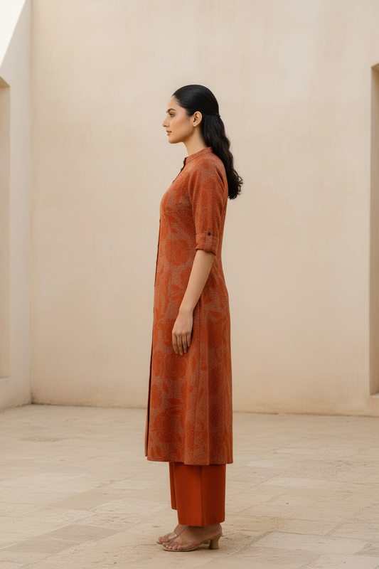 Burnt Rust Floral Jacquard Kurta Pant Set