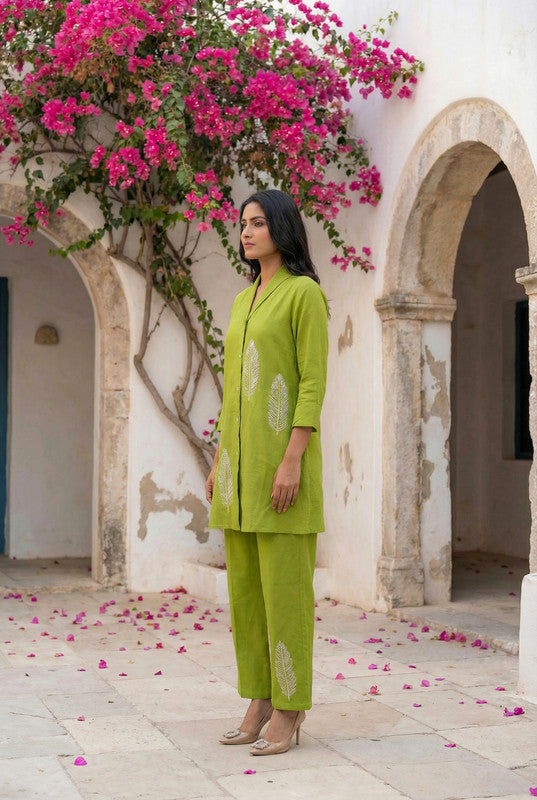Green Botanical Embroidered Shirt Style Cotton Co-ord Set