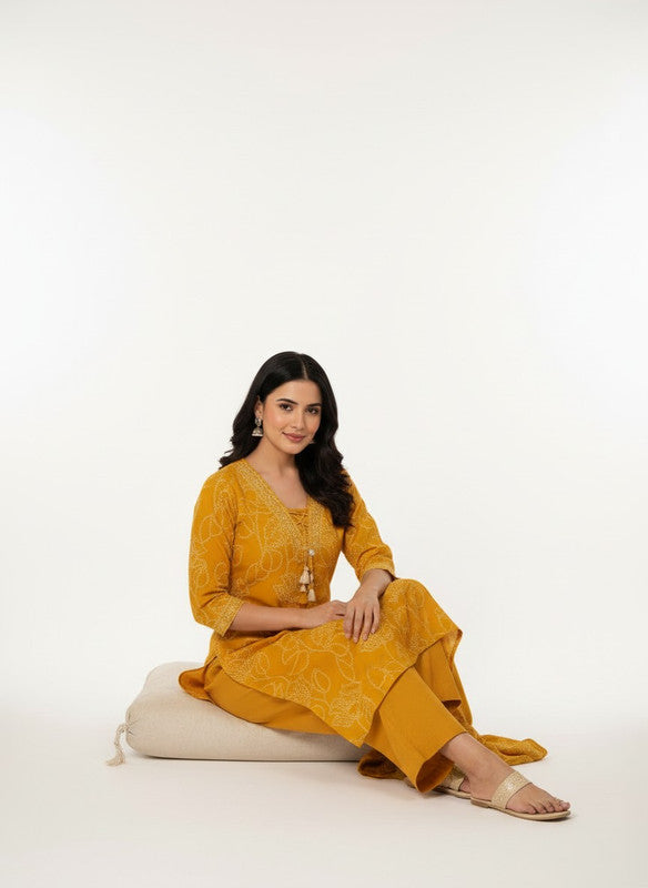Elegant Mustard Floral Embroidered Kurta Set with Dupatta