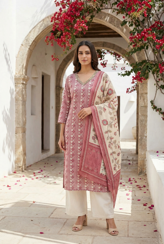 Dusty Pink Printed Russian Silk Straight Kurta Set with Floral Dupatta & Cream Palazzo Pants