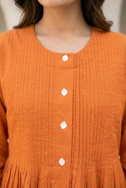 Rust Orange Pleated with Leaf Embroidery Cotton Co-ord Set