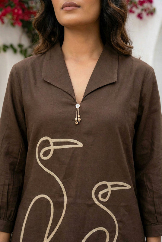 Elegant Brown Bird Design  Embroidered Cotton Co-ord Set