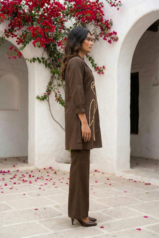 Elegant Brown Bird Design  Embroidered Cotton Co-ord Set