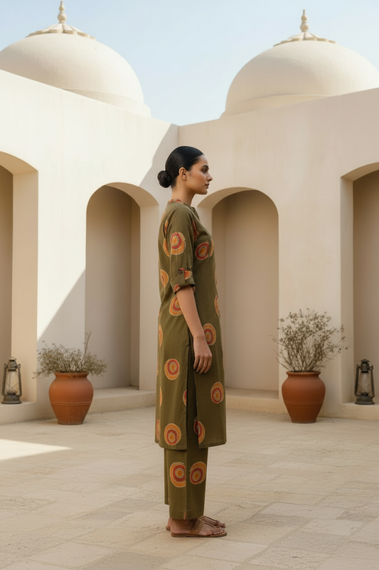 Abstract Print Mehndi Green Kurta Pant Set