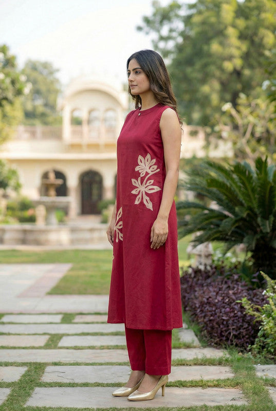 Maroon Floral Embroidered Sleeveless Cotton Co-ord Set