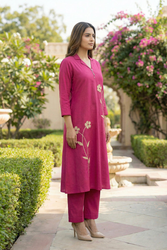 Dark Pink Floral Embroidered A-Line Cotton Co-ord Set