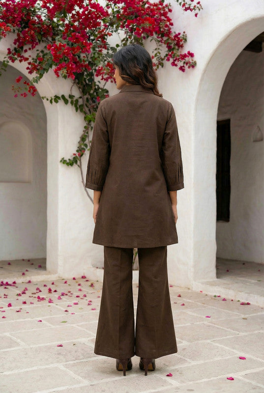 Elegant Brown Bird Design  Embroidered Cotton Co-ord Set