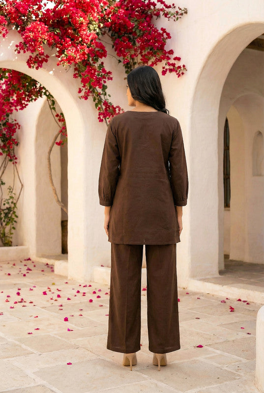 Brown Floral Embroidered Straight Cotton Co-ord Set