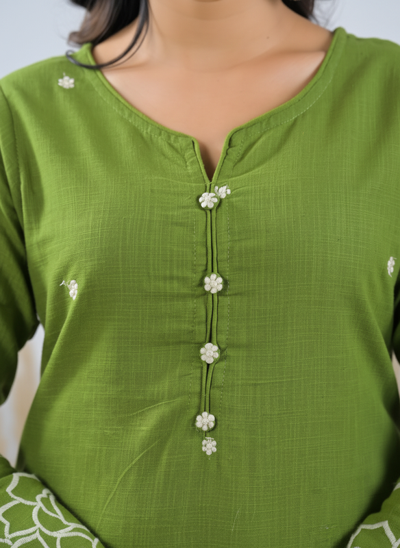 Olive Green Embroidered Kurta Pant Set with Dupatta