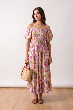 Purple Floral Tropical Bloom Smocked Printed Off-Shoulder Summer Russian Silk Dress