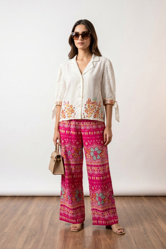 White Boho Chic Embroidered Shirt and Pink Printed Palazzo Co-ord Set
