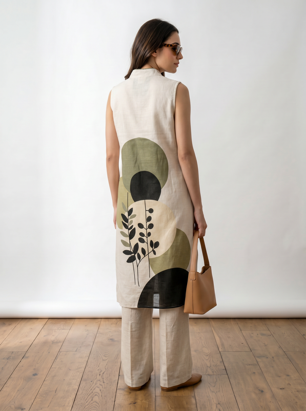 Off White Abstract Botanical Printed Linen Blend Top & Palazzo Cotton Flex Co-ord Set