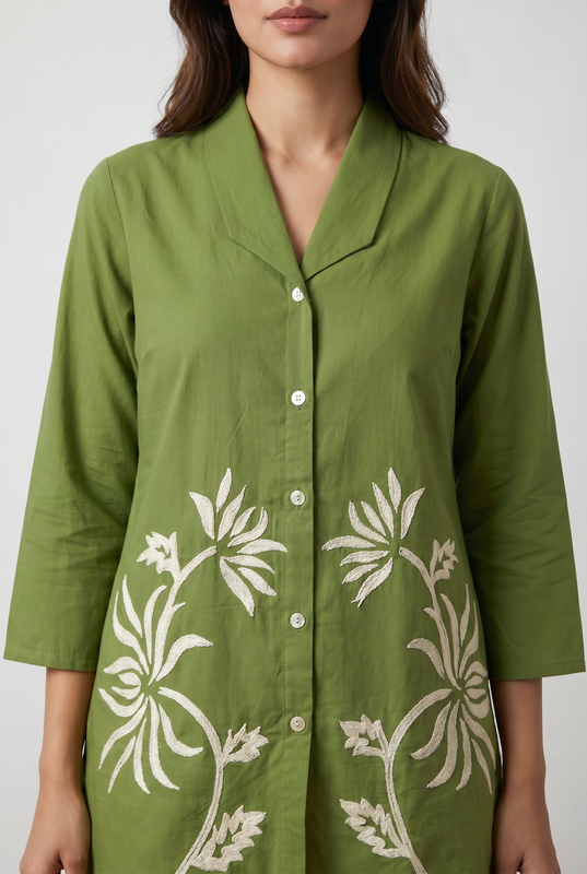 Olive Green Floral Applique Cotton Co-Ord Set
