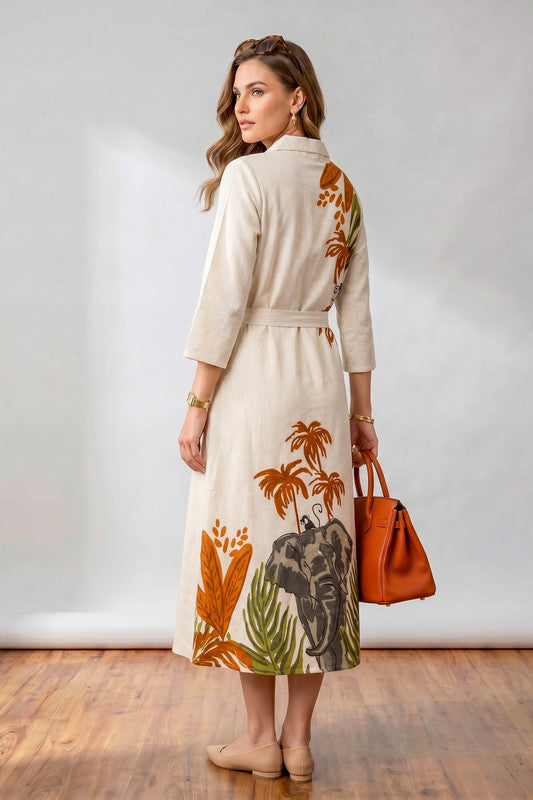 Off-White Elephant & Palm Tree Printed Belted Cotton Flex Midi Dress