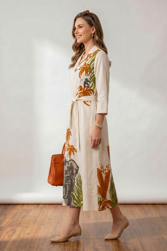 Off-White Elephant & Palm Tree Printed Belted Cotton Flex Midi Dress