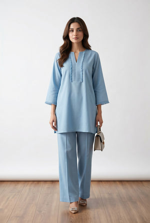 Sky Blue Solid Lace Detail V-Slit Neck Ethnic Cotton Co-ord Set for Women