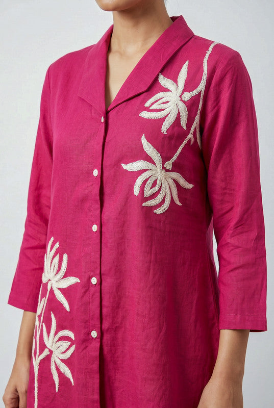 Pink Floral Embroidered Shirt Collar Button-Down Cotton Co-ord Set
