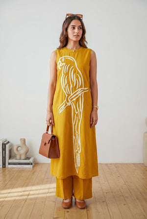 Mustard Bird Embroidered Sleeveless Cotton Co-ord Set