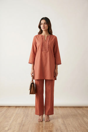 Rust Fringe Detail Solid Comfort Fit V-Notch Neck Cotton Co-ord Set