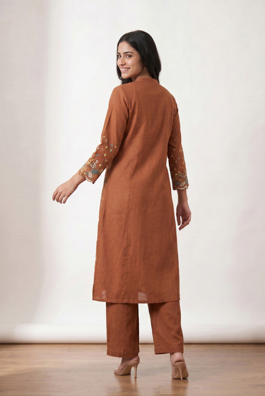 Peach Ethnic Floral Designer Embroidered Cotton Flex Kurta with Relaxed Pants
