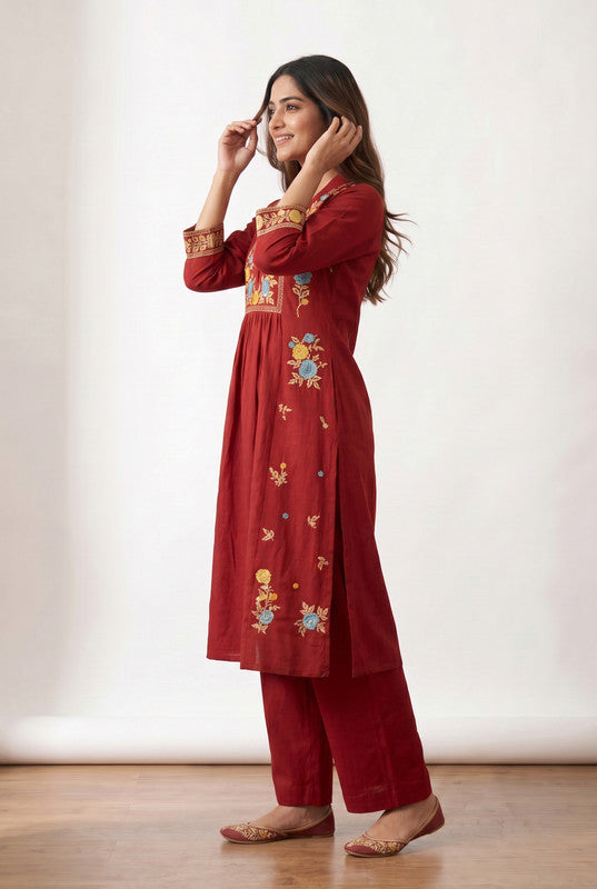 Maroon Floral Premium Embroidered A-Line Cotton Flex Kurta with Wide-Leg Pants