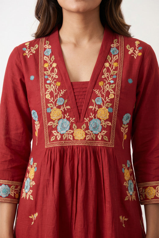 Maroon Floral Premium Embroidered A-Line Cotton Flex Kurta with Wide-Leg Pants