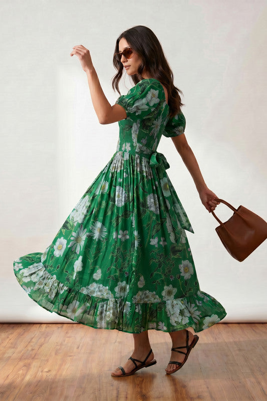 Emerald Green Printed Floral Inspired Puff Sleeve Summer Resort Russsian Silk Dress