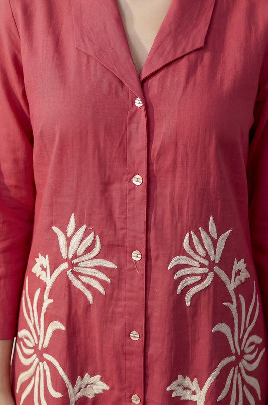 Fuchsia Floral Embroidery Shirt Collar Cotton Flex Co-ord Set