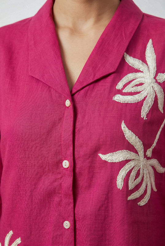 Pink Floral Embroidered Shirt Collar Button-Down Cotton Co-ord Set