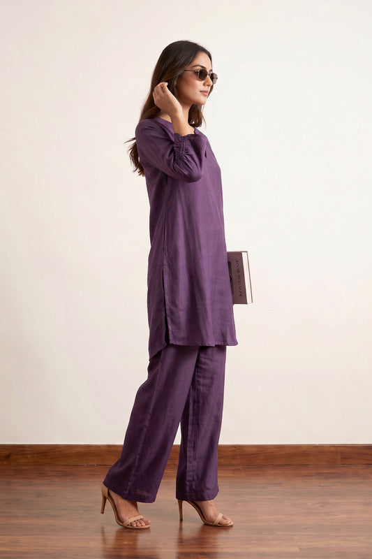 Solid Purple V-Neck Longline Tunic with Straight-Fit Trousers Russian Silk Co-ord Set.